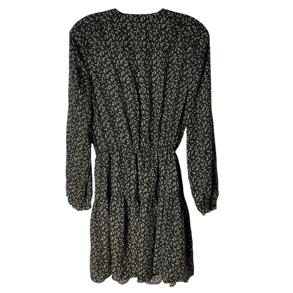 Rebecca Taylor Silk Tiered Mini Dress Black White Leaf Feminine‎ Print Size 6